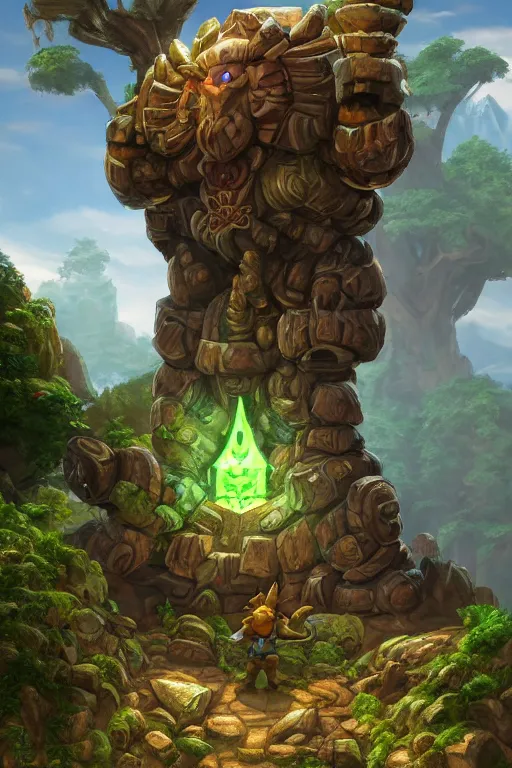 Image similar to zelda fantasy art giant golem troll wood rock greeble gemstone, global illumination ray tracing hdr fanart arstation by sung choi and eric pfeiffer and gabriel garza and casper konefal