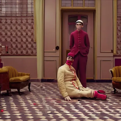 Image similar to a scene from wes anderson's grand hotel budapest, starring a pickle in the lead role opposite raph fiennes, realistic detailed cinematography