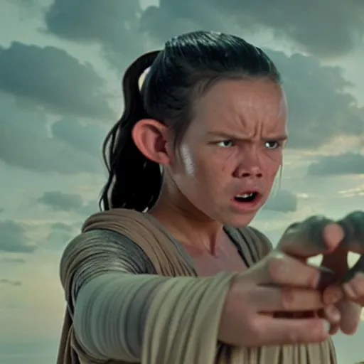 Image similar to a film still of rey skywalker when she finds out baby yoda died in star wars realistic, detailed