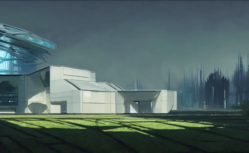 Image similar to painting of a wide angle exterior shot of a white modern futuristic cyberpunk architecture in the middle of an english garden with cinematic lighting by peter zumthor and renzo piano, darek zabrocki and greg ruthkowski, alphonse mucha, simon stalenhag and cinematic and blue cold atmospheric, archillect concept art, artstation, trending on artstation