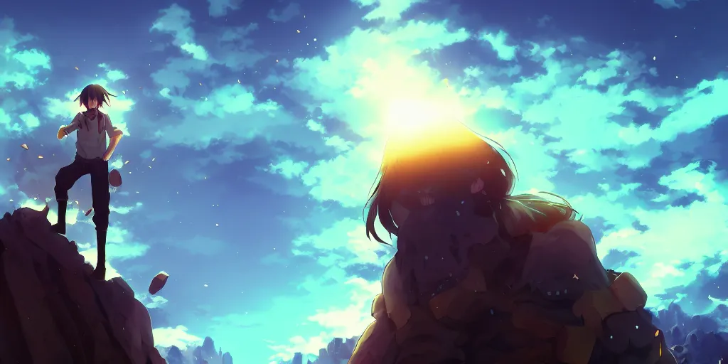 Prompt: isekai masterpiece anime man standing tree log looking up at colossal cyan crystals, high noon, cinematic, very warm colors, intense shadows, ominous clouds, anime illustration, anime screenshot composite background by alyn spiller