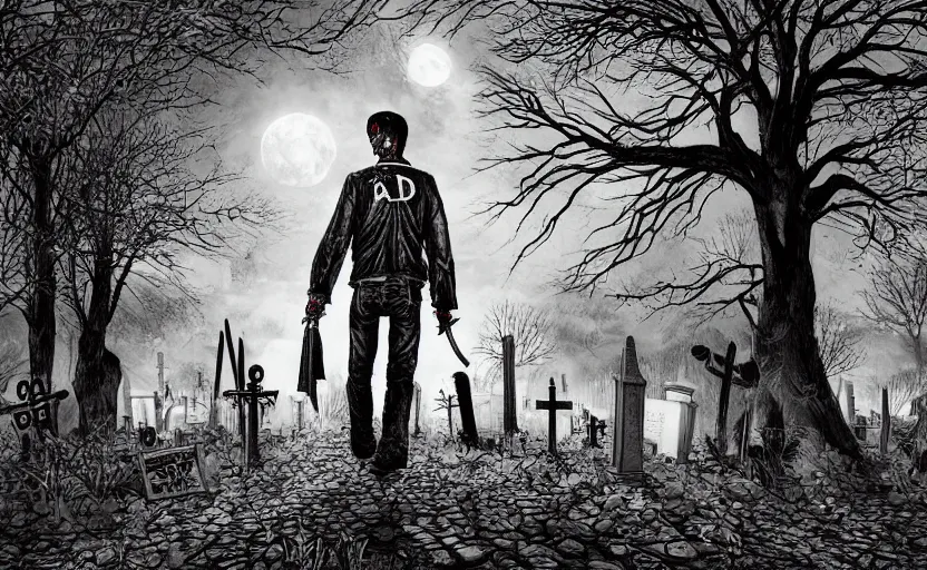 Prompt: dead anarchist walking through a cemetery, middle finger, pirate flag in his arms, evil dead face, leather coat, zombies and walking deads, dark night, full moon, crows on the oak tree, highly detailed digital art, photorealistic