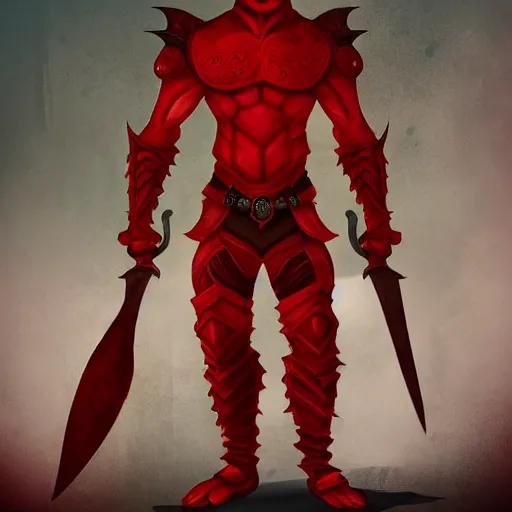 Image similar to red scaled male dragonborn wearing rogue outfit, full body portrait, vertical, muscular, wielding two daggers, fantasy, digital painting, cell shading, sharp, smooth focus