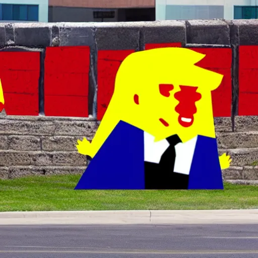Image similar to donald trump Kool-Aid man breaking down wall