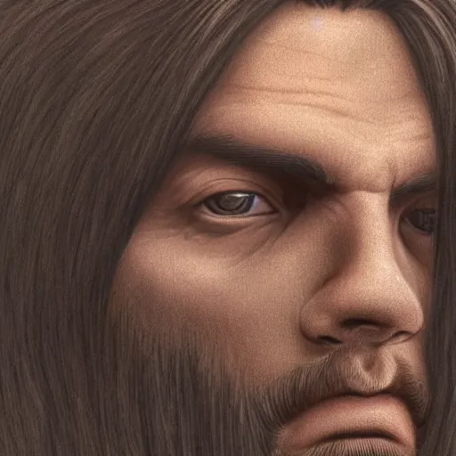 Image similar to portrait close up of a man with a very square and large jaw, his face lines are harsh, he he is shaved but long black hair, he looks like a cave man bronze, soft lighting, rough lines, matte painting