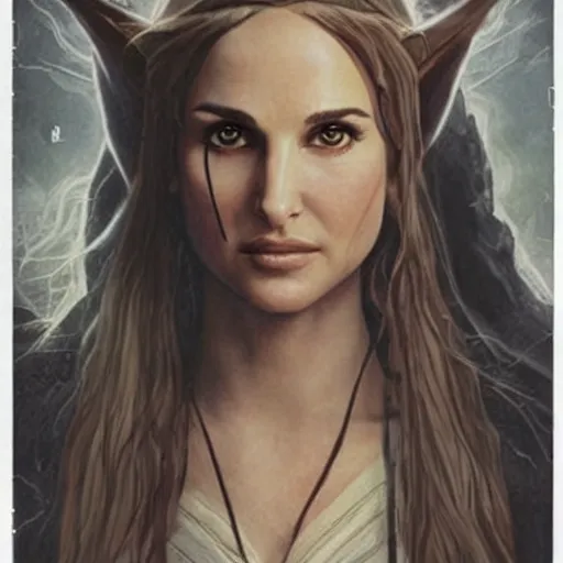 Prompt: a still from “ lord of the rings ” of a head and shoulders portrait of natalie portman as a female elf wizard, comic book cover photo by phil noto