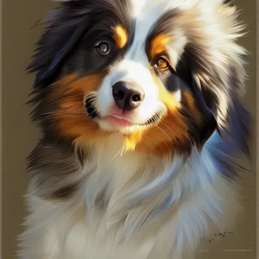 Image similar to australian shepherd, realistic shaded lighting poster by ilya kuvshinov katsuhiro otomo, magali villeneuve, artgerm, jeremy lipkin and michael garmash and rob rey