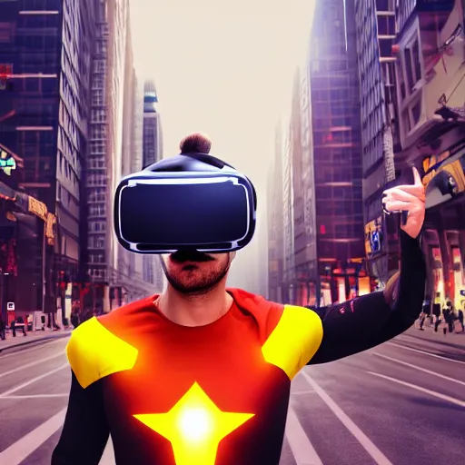 Image similar to funny Super hero wearing a virtual reality headset in big city, render, ray tracing