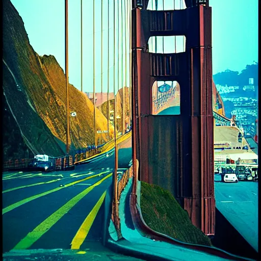 Prompt: color film still city san francisco, golden gate bridge, lombard street, iconic, blade runner style, year 2 1 0 0, future, gritty, dirty