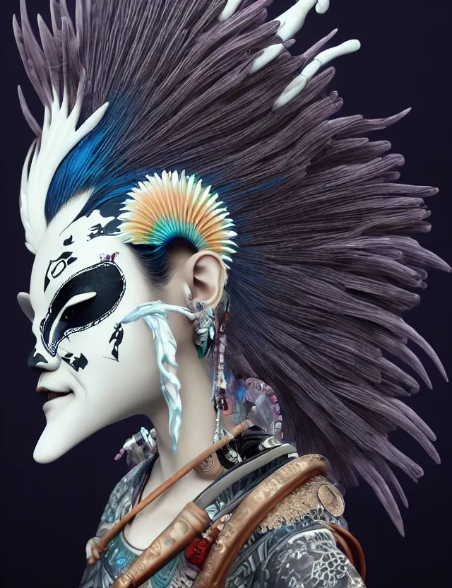 Image similar to 3 d goddess close - up profile simple portrait punk with mohawk with ram skull. beautiful intricately detailed japanese crow kitsune mask and clasical japanese kimono. betta fish, jellyfish phoenix, bio luminescent, plasma, ice, water, wind, creature, artwork by tooth wu and wlop and beeple and greg rutkowski