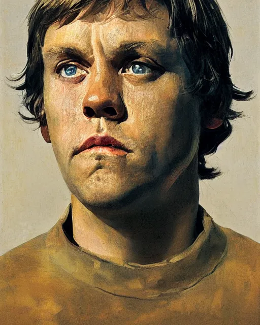 Image similar to painterly portrait, luke skywalker, impasto, fantasy, chuck close:7, carl spitzweg:7, cinematic light, full face, symmetrical face