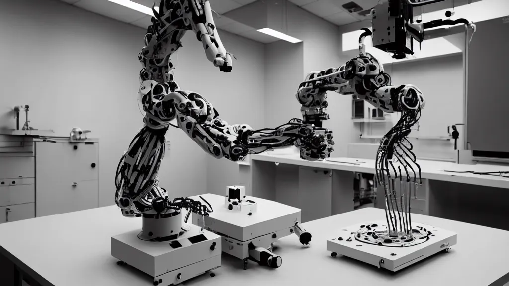 Image similar to a complex bifurcated robotic cnc surgical arm hybrid mri 3 d printer machine making black and white ceramic mutant forms in the laboratory inspection room, film still from the movie directed by denis villeneuve with art direction by salvador dali, wide lens