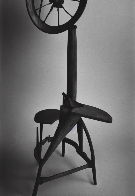 Image similar to a spinning wheel sitting on top of a stool, a surrealist sculpture by marcel duchamp, behance, fluxus, studio portrait, academic art, studio light, grainy 3 5 mm film