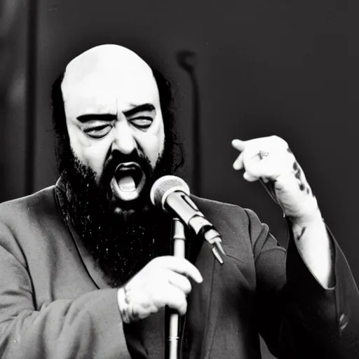Prompt: luciano pavarotti as lead singer of the black metal band called darkthrone.