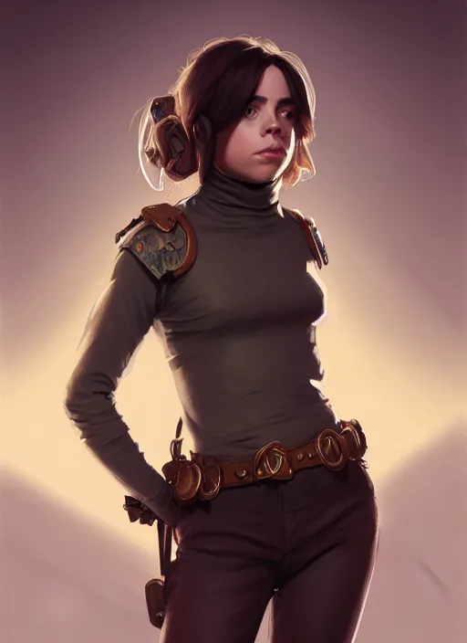 Image similar to portrait of a full body of beautiful young female detective, d & d, sleeveless turtleneck, fantasy, flat lighting, intricate, highly detailed, digital painting, artstation, concept art, smooth, sharp focus, illustration, billie eilish, art by simon bisley and greg rutkowski and alphonse mucha, natural tpose