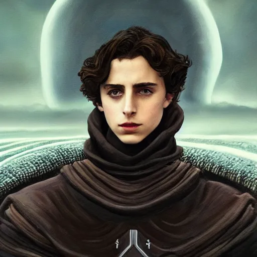 Image similar to realistic paul atreides emperor of the known universe, perfect dramatic and dark portrait by rabbitary b, trending on artstation, deviantart, dune, low angle oil painting and composition laws, dark foggy background, timothee chalamet but he is older, denis villeneuve cinematography