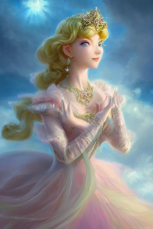 Image similar to portrait of princess peach, fantasy, gradient white pink gold, dreamy and ethereal, green eyes, golden ratio, peaceful expression, ornate frilly dress, fantasy, intricate, elegant, blue skye with clouds on the background, highly detailed, digital painting, artstation, concept art, smooth,b sharp focus, illustration, art by artgerm and greg rutkowski and alphonse mucha