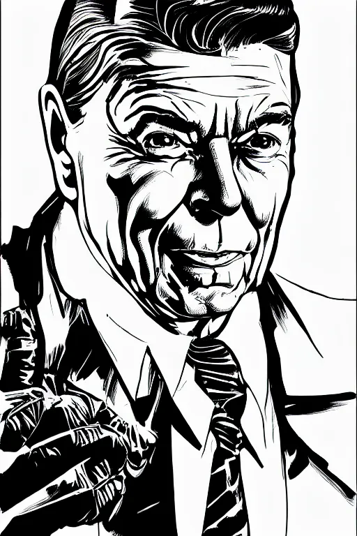 Prompt: ronald reagan, portrait, a page from cyberpunk 2 0 2 0, style of paolo parente, style of mike jackson, adam smasher, johnny silverhand, 1 9 9 0 s comic book style, white background, ink drawing, black and white, colouring pages