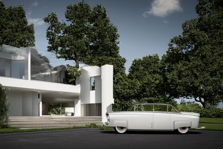 Prompt: a house in the 1950's future house, retrofuturim, lawn, trees, white picket fence, futuristic car parked on the driveway, realistc octane render, depth of field, soft lighting, 8k