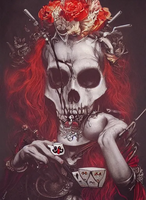 Prompt: Queen of Hearts drinking tea with Alice in wonderland,death tarot card,highly detailed,half skull face,cinematic,8k,by Stanley Artgermm,Tom Bagshaw,Greg Rutkowski,Carne Griffiths, Ayami Kojima, Beksinski, Giger,trending on DeviantArt,hyper detailed,horror, full of colour