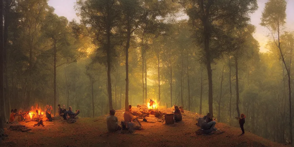 Prompt: lourmarin, dense forest, dusk, sunset, campfire, horizontal symmetry inception good composition artstation illustration sharp focus, vista painted by ruan jia raymond swanland lawrence alma tadema zdzislaw beksinski norman rockwell tom lovell alex malveda greg staples