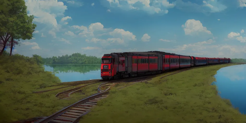 Image similar to a soviet suburban train moving on top of a lake, ultra high quality, 4 k, by miyazaki and makoto shinkai, anime screenshot, colorful, artstation, pixiv,