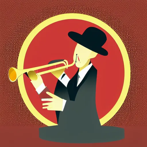 Prompt: modern vector graphic of a singular seated jazz musician with a bowler hat playing a sizzling trumpet solo, 8 colors