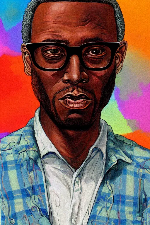 Prompt: an original jean giraud digital art painting of a portrait of a dark - skinned hipster millennial, flannel, thick - rimmed glasses