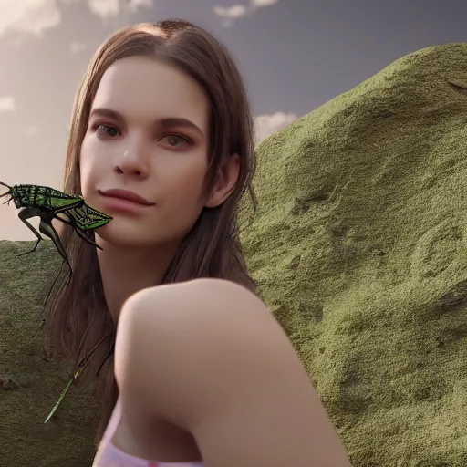 Prompt: a giant grasshopper on a girl, photoreal, detailed, unreal engine 5, 8 k