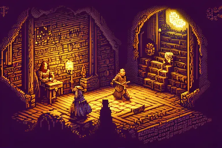 Image similar to the bard's tale, beautiful detailed pixelart by albertov, intricate details, beautiful, dithered gradients, volumetric lighting, cgsociety, artstation, smooth, sharp focus, 2 d illustration, amazing art by dan mumford, old school computer game graphics, crpg, d & d, pixel art