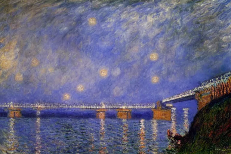Prompt: beautiful painting of the clifton suspension bridge by claude monet, stormy night, lightning