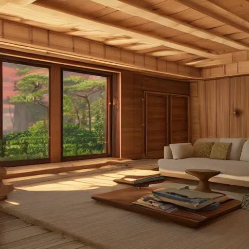 Prompt: Peaceful wooden mansion, unreal engine 5 tech demo, zillow interior, golden hour, living room, cozy, octane render, Frank Lloyd Wright ((Studio Ghibli))