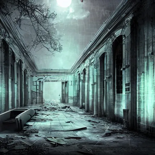 Image similar to vocaloid in abandoned city, dark, despair, loneliness