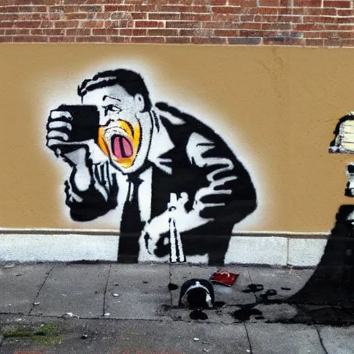 Image similar to a banksy style street art of a physician screaming at a computer