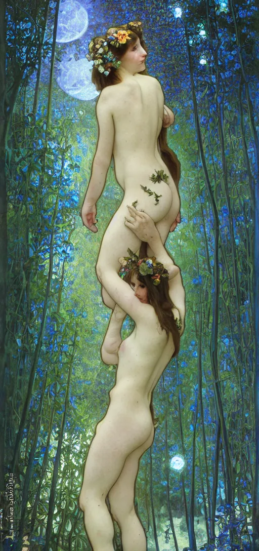 Image similar to painterly dreamy Kupala Night in the blue night forest with trees which have eyes, giant flowers, glowing owls, deers, beautiful women, lianas, thistles, giant fantasy creatures, a stream and sky with moon and stars by Alphonse Mucha, Ellen Sheidlin, dark fantasy, very detailed oil painting in the alla prima style, volumetric lighting, masterpiece, 8k