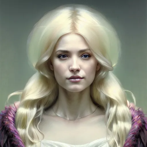 Prompt: portrait painting of a beautiful blonde woman with a kind face wearing a feathered cloak and a fancy silk white dress, ultra realistic, concept art, intricate details, eerie, highly detailed, photorealistic, octane render, 8 k, unreal engine. art by artgerm and greg rutkowski and charlie bowater and magali villeneuve and alphonse mucha