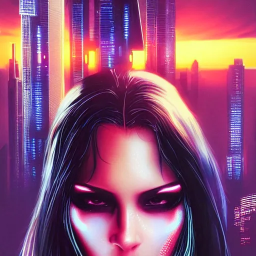 Prompt: Cyberpunk woman with eye implants, city, sunset, night, moon, buildings, portrait shot, illustration, poster art by Drew Struzan