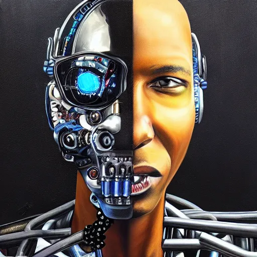 Image similar to a realistic oil painting of a black man as a cybernetic cyborg, surrealism portrait, surrealism album cover