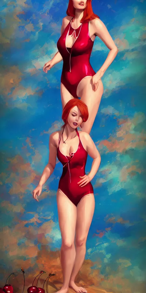 Prompt: beautiful full body portrait of a ginger woman wearing a sparkling cherry color one piece swimsuit wlop, artgerm, artstation