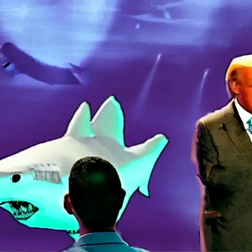 Prompt: the president with a shark head making a speech to millions of people