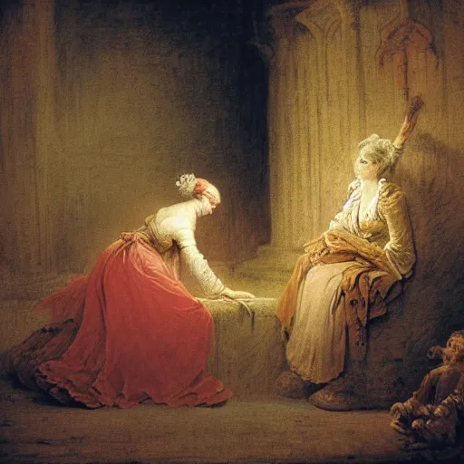 Image similar to a story about a witch begging for her life in a church, by jean honore fragonard,