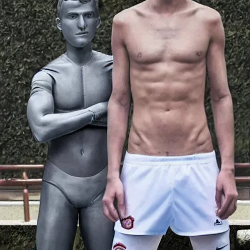 Image similar to a realistic detailed photo of a guy who is an attractive humanoid who is half robot and half humanoid, who is a male android, soccer players martin ødegaard & timo werner, shiny skin, posing like a statue, blank stare, by the pool, on display, showing off his muscles