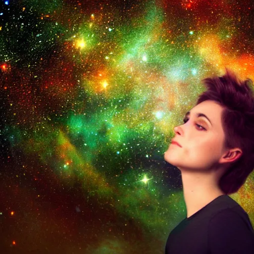 Image similar to an hd photo of a young woman with short brown hair, green eyes, beautiful trees in the background, night sky with multicolor stars and galaxies, trending on artstation