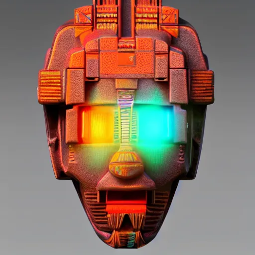 Image similar to claymodel of a cyberpunk aztec futurism robot head, 8 k, symetrical, flourescent colors, halluzinogenic, multicolored, insanely integrate, black background, 3 d render,