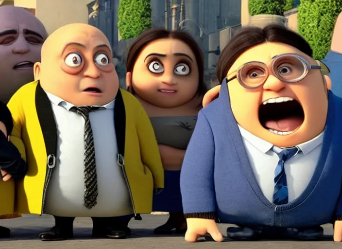 Image similar to Danny DeVito cast as Gru with his minions, still from Despicable Me 2010, high detail, 8k establishing shot,