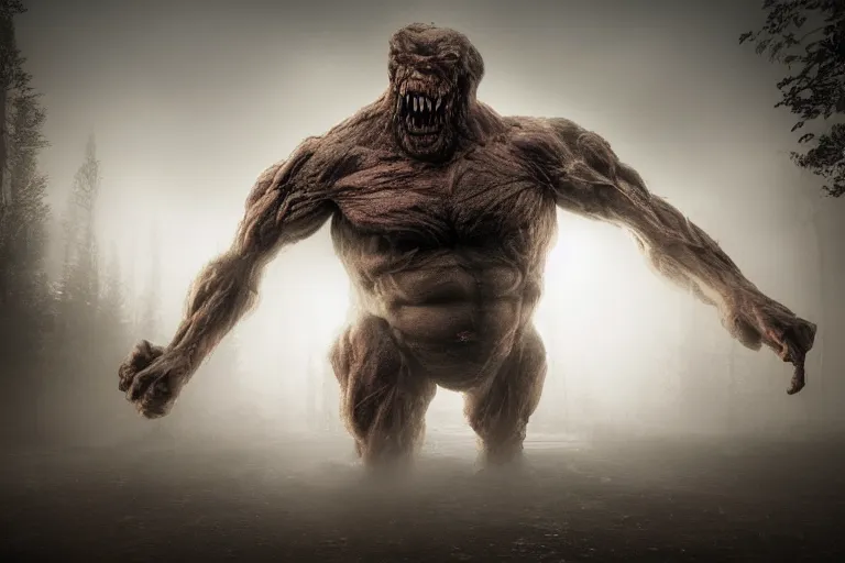 Image similar to a giant monster made of flesh and muscles, very angry, misty, foggy, ambient light, terror, glows, realistic, photo-realism, hyper realism, picture,