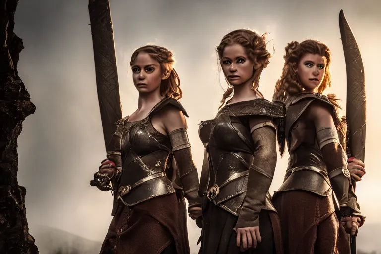 Prompt: a cinematic photograph of three female elf warriors, 8 k, ultra realistic, dramatic lighting, real faces, mist