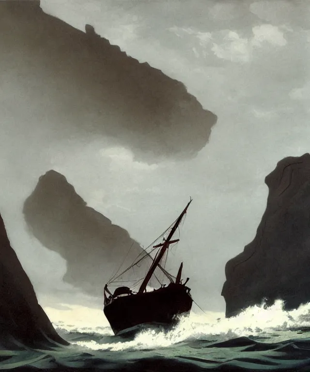 Image similar to photorealistic painting of a 1 9 2 5 seiner sailing near a tropical cliff with the mouth of a sea cave at the waterline, dark, brooding, atmospheric, lovecraft, horror, smooth, epic, highly detailed, cinematic, by angus mcbride