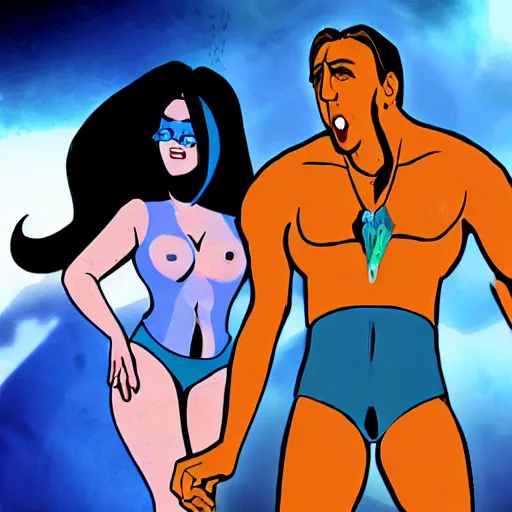 Image similar to buff nic cage playing vriska serket from homestuck, movie still, digital photography, high quality