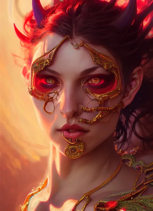 Image similar to hyper detailed ultra sharp of a beautiful devil girl. trending on artstation, dungeon, colorful, ornate, intricate, digital painting, concept art, smooth, sharp focus, illustration, art by artgerm and greg rutkowski and alphonse mucha, 8 k